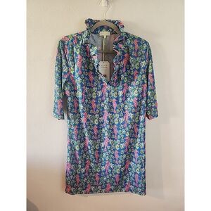 Simply Southern Dress Women's M Bright Pink Sea horse Shells Ruffle Neck Summer